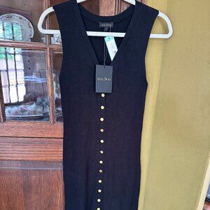 Sleek sleeveless black sweater dress with gold buttons